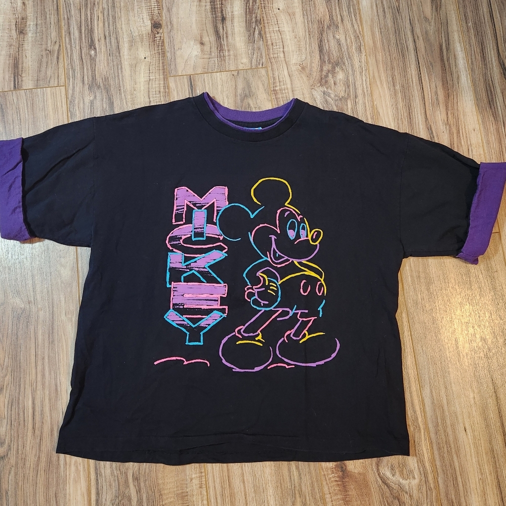 Vintage 90s Disney Neon Mickey Mouse Tee T-Shirt Graffiti